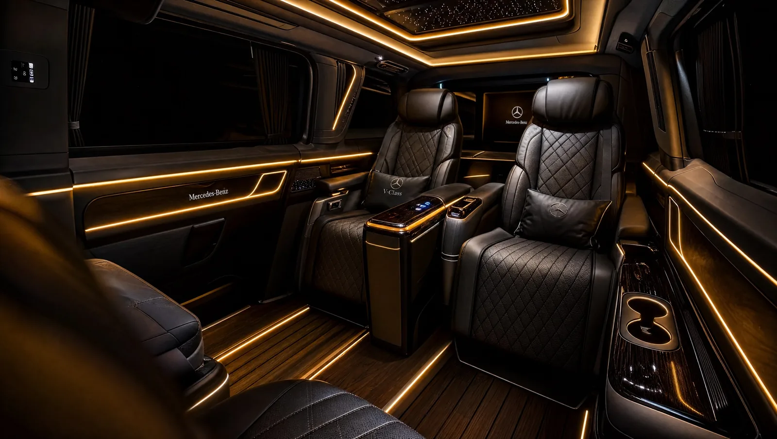 Luxury vehicle interior — immaculate cream leather, ambient lighting